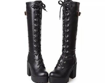 Autumn Winter knee High women boots patent leather High quality platform Gothic boots