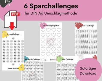May include: Six printable saving challenges for the envelope method. The challenges include a €5.00 challenge, a €1.00 challenge, a €0.20 challenge, a €20.100 challenge, a cent challenge, and a hearts challenge. The challenges are designed for DIN A6 envelopes.