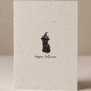 Happy Halloween Card Minimalist Watercolor Black Cat, Cute Witch Hat Card for Friends, Simple Spooky Autumn Greeting Card Aesthetic Fall Gif