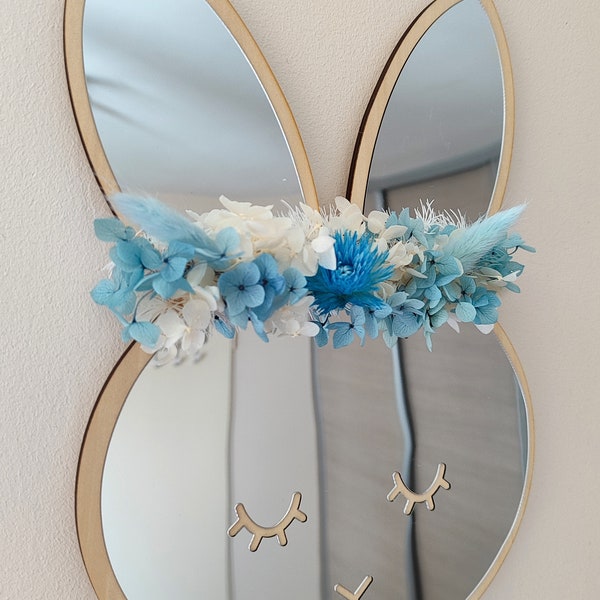 Miroir lapin fleurs séchées bleu / miroir décoration chambre enfant