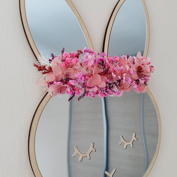 Miroir lapin fleurs séchées rose / miroir décoration chambre enfant