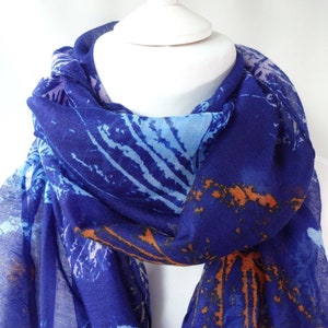 Blue and Burnt Orange Leaves Print Soft Lightweight Scarf With Gift Wrapping Option - Ideal Letterbox/Mother's day/Birthday Gift