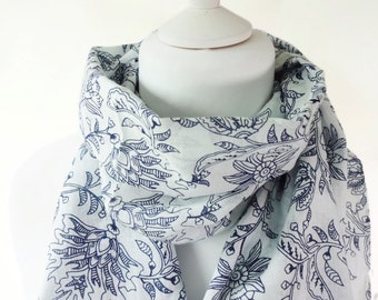 White and navy 100% oragnic cotton scarf With Gift Wrapping Option - Ideal Letterbox/Mother's day/Birthday Gift