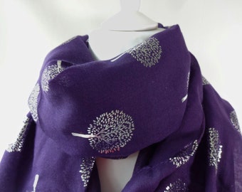 Purple Tree of Life Scarf with Silver Foil, Lightweight Gift for Her