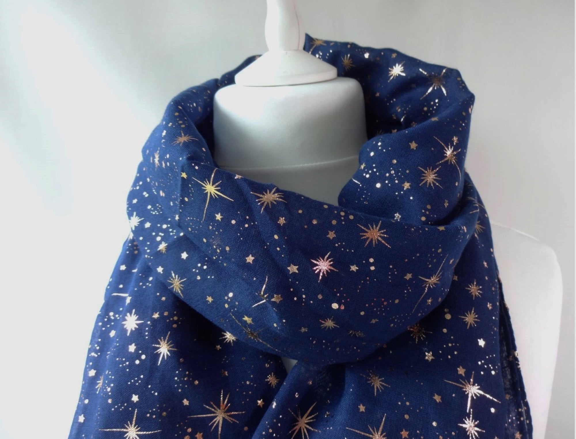 Navy Blue Star Print Scarf, Galaxy Celestial Pattern Lightweight