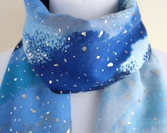 Watercolour Effect Blue Soft Lightweight Sparking Glitter Scarf With Gift Wrapping Option - Ideal Letterbox/Mother's day/Birthday Gift