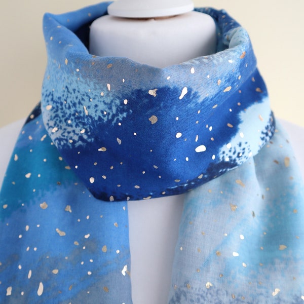 Watercolour Effect Blue Soft Lightweight Sparking Glitter Scarf With Gift Wrapping Option - Ideal Letterbox/Mother's day/Birthday Gift