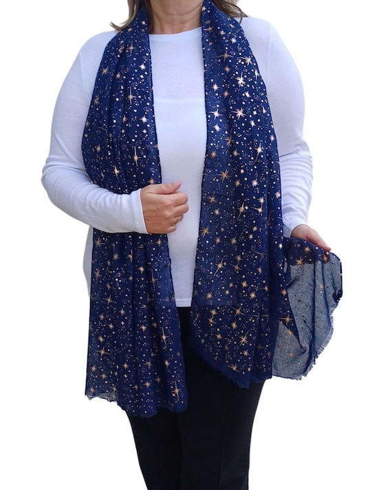 Navy Blue Star Print Scarf, Galaxy Celestial Pattern Lightweight
