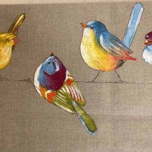 Op de afbeelding: Een stof met een herhalend patroon van kleurrijke vogels. De vogels, in blauw, geel, oranje en rood, zijn afgebeeld op een neutrale, beige achtergrond. Het patroon toont verschillende vogelposities.