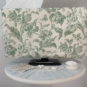 TV cover &quot;Nature verte & écrue&quot; 60x35cm, nature fabric cover, foliage fabric painting