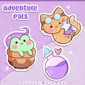 Ensemble Amis de l'aventure | Stickers magiques - chat kawaii, grenouille enchanteresse et bouteille de potion - Stickers fantaisie pour journal, scrapbooking et travaux manuels