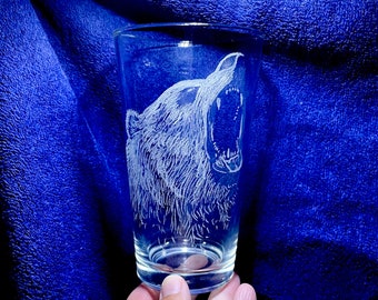 Roaring Bear Engraved Pint Glass! Fierce Grizzly Etched Beer Glass. Personalized for Mom, Dad or Birthday! Hand-Made Glass Art Custom Gift