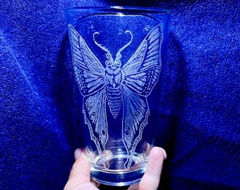 Moth Engraved Wine Glass! Stemless Etched Wine Glass. Personalized for Mom, Dad or Anniversary! Hand-Made Glass Art Custom Gift