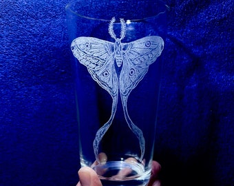 Luna Moth Engraved Wine Glass! Stemless Etched Wine Glass. Personalized for Mom, Dad or Anniversary! Hand-Made Glass Art Custom Gift