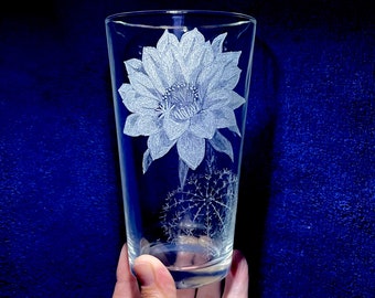 Cactus Flower Engraved Wine Glass! Stemless Etched Wine Glass. Personalized for Mom, Dad or Anniversary! Hand-Made Glass Art Custom Gift