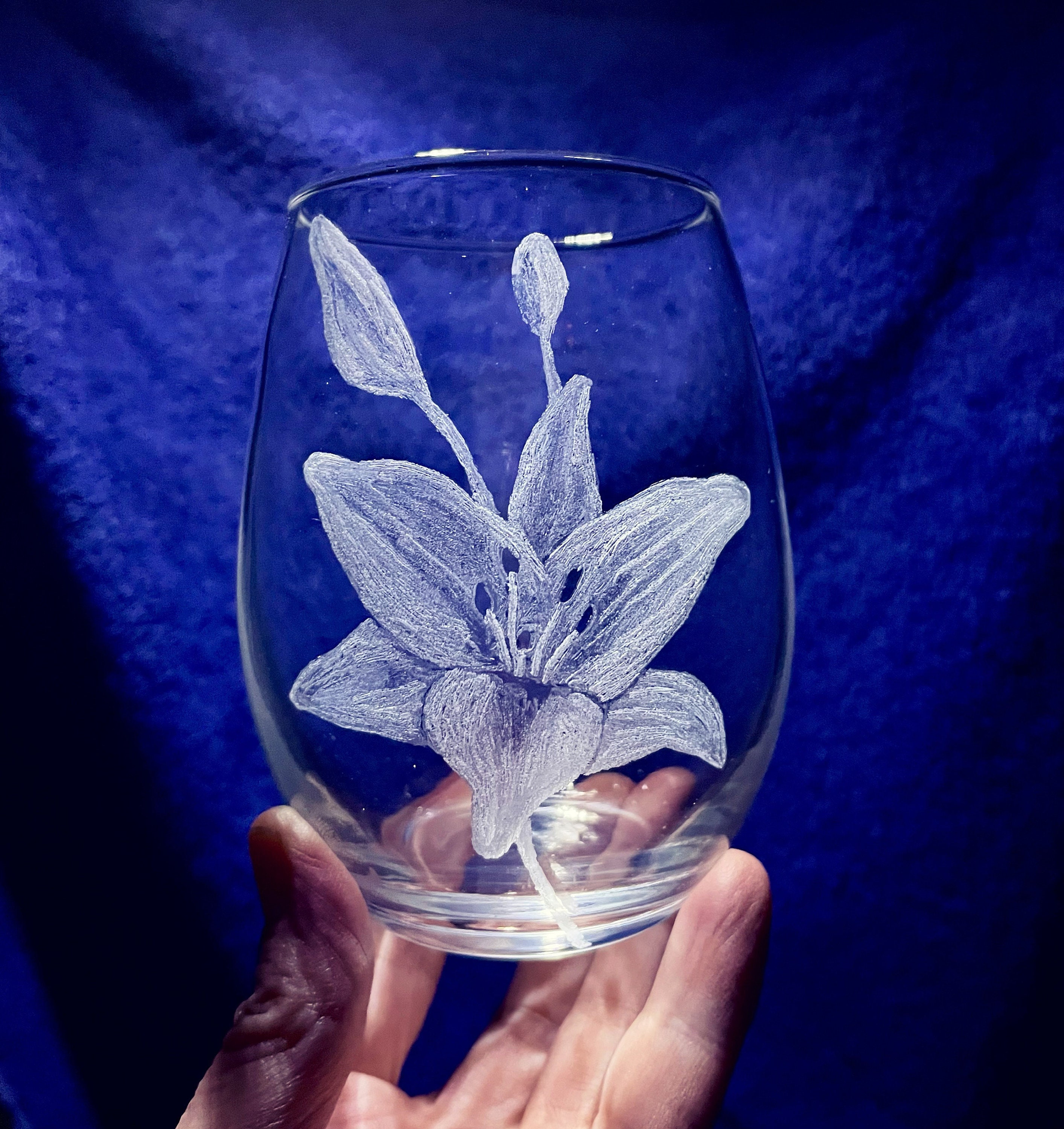 Lily Engraved Wine Glass! Stemless Etched Wine Glass. Personalized for Mom, Dad or Anniversary! Hand-Made Glass Art Custom Gift