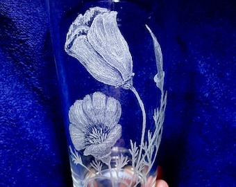 California Poppy Engraved Pint Glass! Stemless Etched Pint Glass. Personalized for Mom, Dad or Anniversary! Hand-Made Glass Art Custom Gift