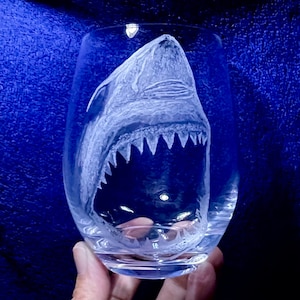 Shark Engraved Wine Glass! Jaws Stemless Etched Wine Glass. Personalized for Mom, Dad or Anniversary! Hand-Made Glass Art Custom Gift