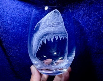 Shark Engraved Wine Glass! Jaws Stemless Etched Wine Glass. Personalized for Mom, Dad or Anniversary! Hand-Made Glass Art Custom Gift