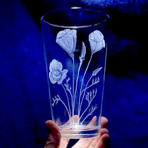 California Poppy Engraved Pint Glass! Stemless Etched Pint Glass. Personalized for Mom, Dad or Anniversary! Hand-Made Glass Art Custom Gift