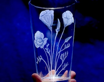 California Poppy Engraved Pint Glass! Stemless Etched Pint Glass. Personalized for Mom, Dad or Anniversary! Hand-Made Glass Art Custom Gift