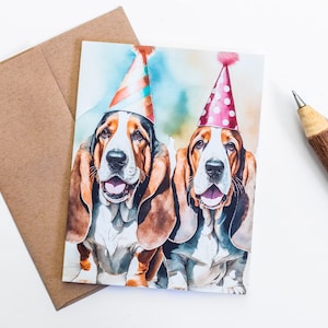 Karta urodzinowa Basset Hound | Pusta w środku | Składana karta | Koperta Kraft | Styl akwarelowy | Papier z recyklingu