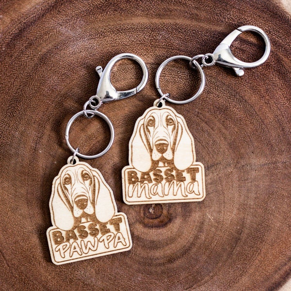 Basset Mama | Basset Pawpa | Basset Hound Wooden Keychain |  Handmade | Wood | Natural | Gift for Dog Mom | Gift for Dog Dad | Lightweight
