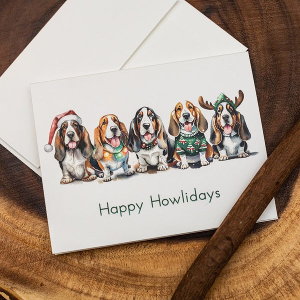 Cute Basset Hound Holiday Greeting Card | Happy Howlidays | Blank Inside | Folded Horizontal Christmas Card w/ White Envelope