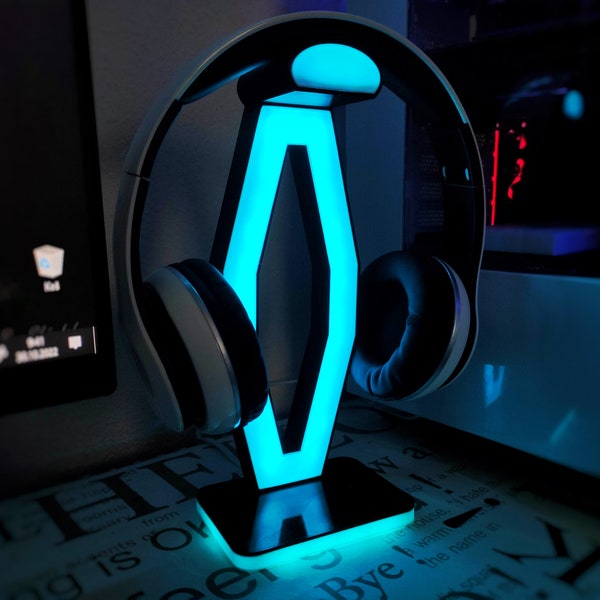 Support casque LED RVB avec USB-C - Accessoire de bureau pour gamer, base lumineuse multicolore, imprimé 3D, compatible avec PS5, organiseur d'équipement de jeu