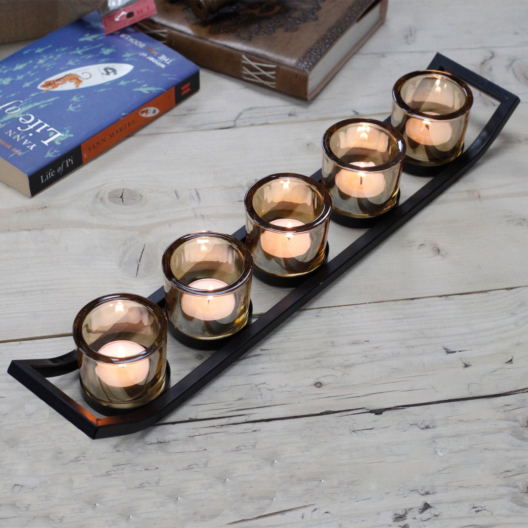 Large Black Centrepiece Iron Votive Candle Holder 5 Cup Ledge Home Decor