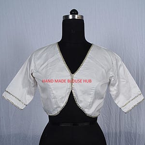 Designer White Cotton Saree Blouse, Short Sleeves, Front Open, Lace Work Blouse, Party Wear Blouse, Wedding Blouse, Hand Made Saree Blouse