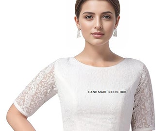 White Embroidered Saree Blouse: Georgette Chikankari, Back Open
