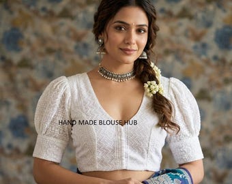 Handmade White Embroidered Saree Blouse, Front open, Puff Sleeve, Chikankari Blouse