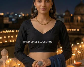 Handmade Black Cotton Saree Blouse, Full Sleeves, Back Open,  Woman Blouse