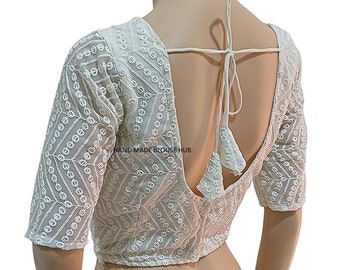 White EMBROIDERED Saree Blouse, Back Open, Short Sleeves White EMBROIDERED Saree Blouse, Back Open, Short Sleeves