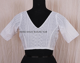 Embroidered Saree Blouse: White Georgette Chikankari, Back Open