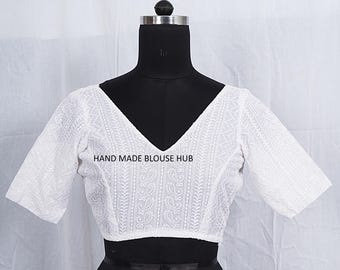 Embroidered Saree Blouse: White  Georgette Chikankari, Back Open