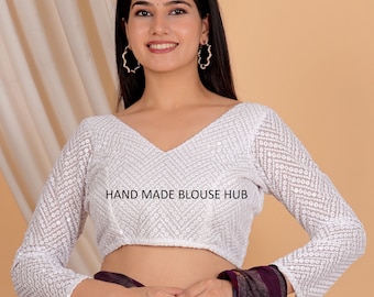 White Embroidered Saree Blouse: Georgette Chikankari, Full Sleeves
