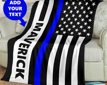 Spersonalizowany koc z cienkiej niebieskiej linii, spersonalizowany koc policyjny, spersonalizowany prezent dla funkcjonariusza organów ścigania, prezent dla żony policjanta, tata policjanta, Back the Blue
