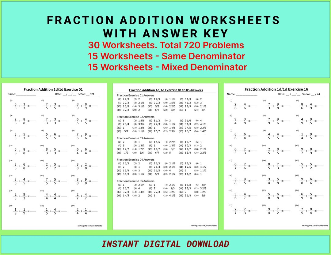 Math Fraction Addition 30 Printable Worksheets With 720 Problems ...