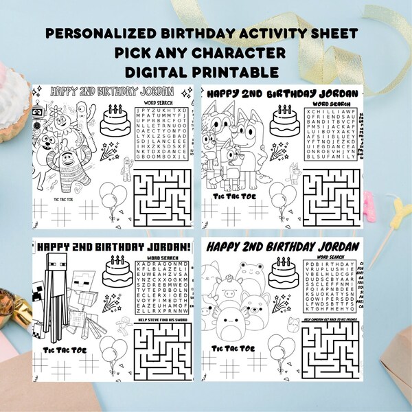 Personalized Kids Birthday Games Coloring Page Printable |NOT instant download| Birthday Party, coloring page favor, any cartoon character