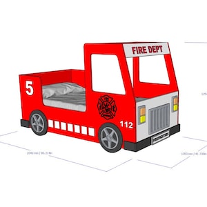 May include: Red fire truck bed frame with a white front, black wheels, and a black fire department logo. The bed frame is 80.31 inches long, 41.34 inches wide, and 49.37 inches high. The bed frame has a number 5 on the side and a number 112 on the front.