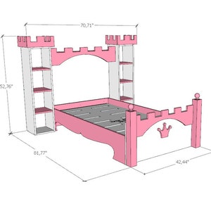 May include: Pink castle-themed bed frame with a headboard featuring a crown and a built-in bookshelf on either side. The bed measures 81.77 inches wide, 70.71 inches tall, and 42.44 inches deep.