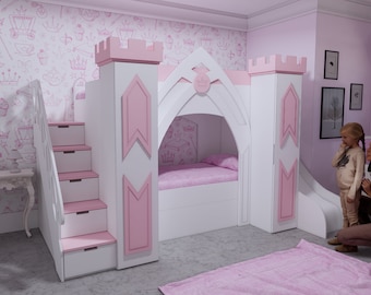 Planos cama castillo princesa - Solo para CNC - Planos Cama Carpintería - (PDF/DXF) Tamaño Twin (39X75) - Dormitorio niño - Planos para cnc