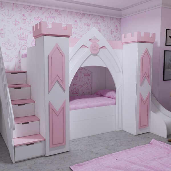 Plans de lit château princesse - Uniquement pour CNC - Plans de menuiserie lit - (PDF/DXF) Twin size (39X75) - Chambre enfant - Plans pour cnc