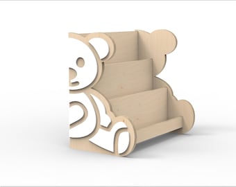Puede incluir: Estantería de madera con forma de oso, con tres estantes. El diseño es de color marrón claro con recortes blancos. Se ve el texto "ARCHIVOS DIGITALES / DESCARGA INSTANTÁNEA" y "Solo planos de montaje fáciles, sin producto físico".