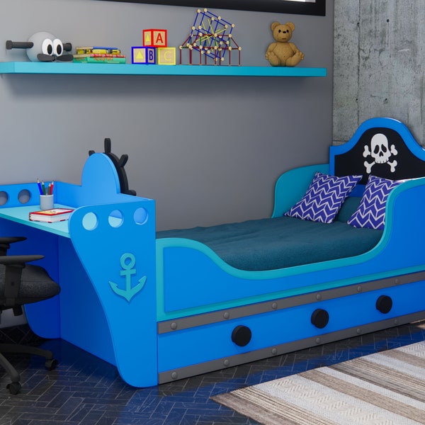 Plans de lit de bateau pirate (plans uniquement), créez une chambre à thème pour votre enfant, parfait pour ceux qui aiment le bricolage du bois (35 "x 75")