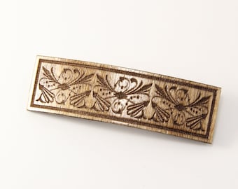 Art Nouveau Wood Hair Barrette Clip, 3.5 inches, French, Spring Free, Light Weight