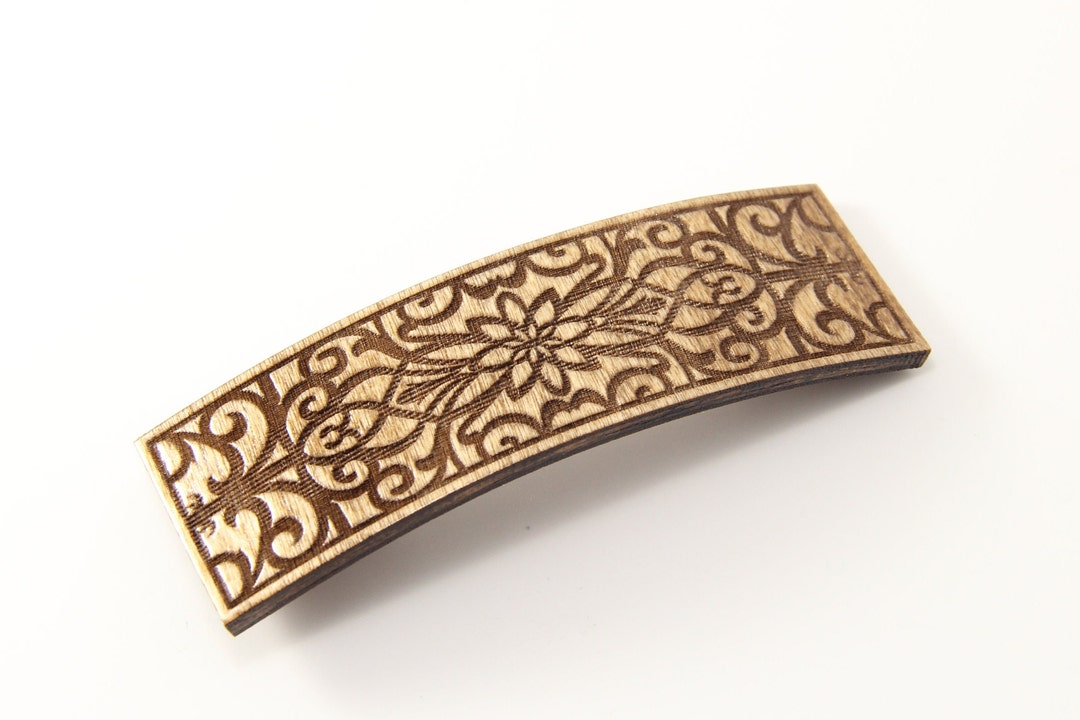 Scrolling Flower Wood Barrette Hair Clip, 3.5 Inches, Spring Free