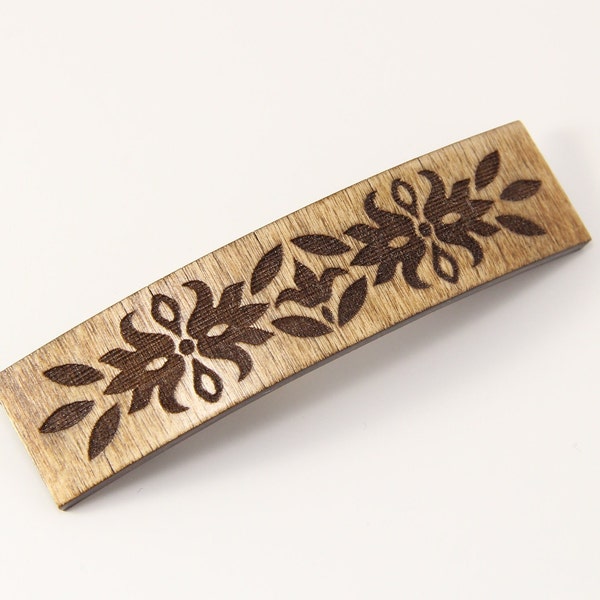 Folk Flower Wood Hair Barrette Clip, ~3.8 inches